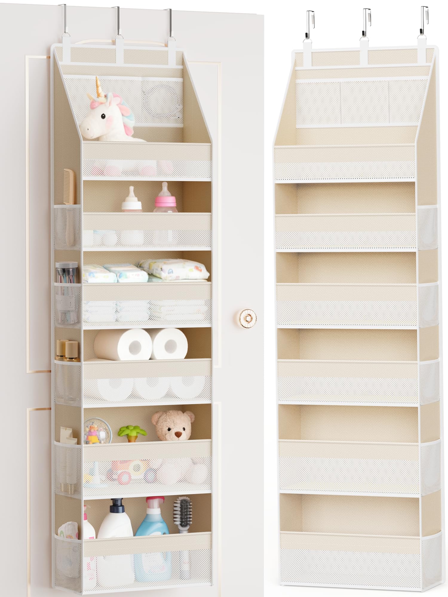 Criusia front view showing six shelves and thirteen pockets for space saving