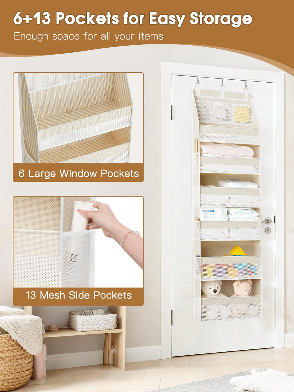 Criusia in a nursery arranging diapers and clothes for easy access