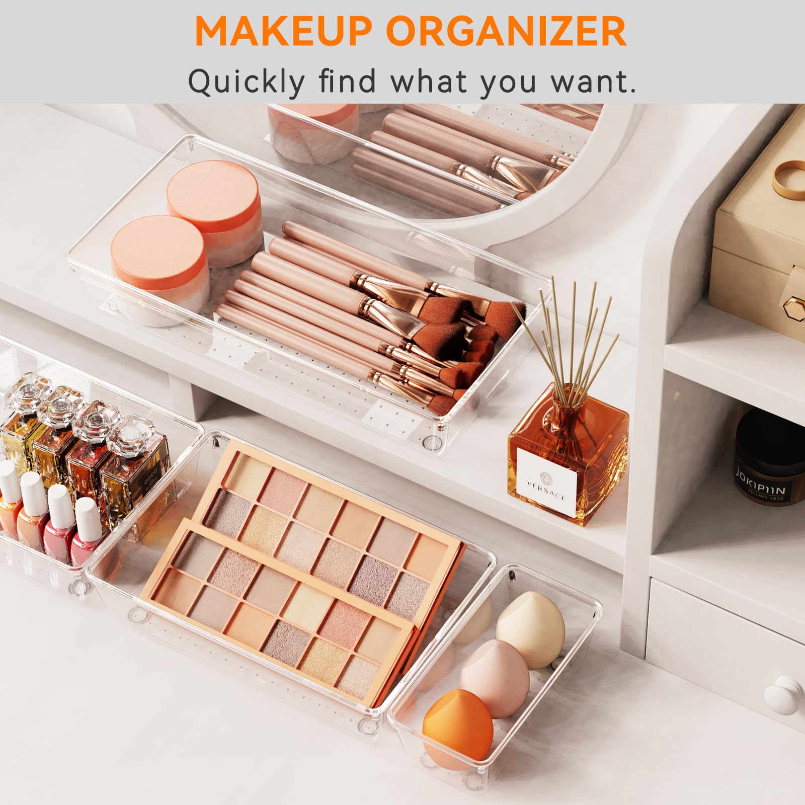 Criusia vanity drawer organized with makeup and brushes for quick morning routines
