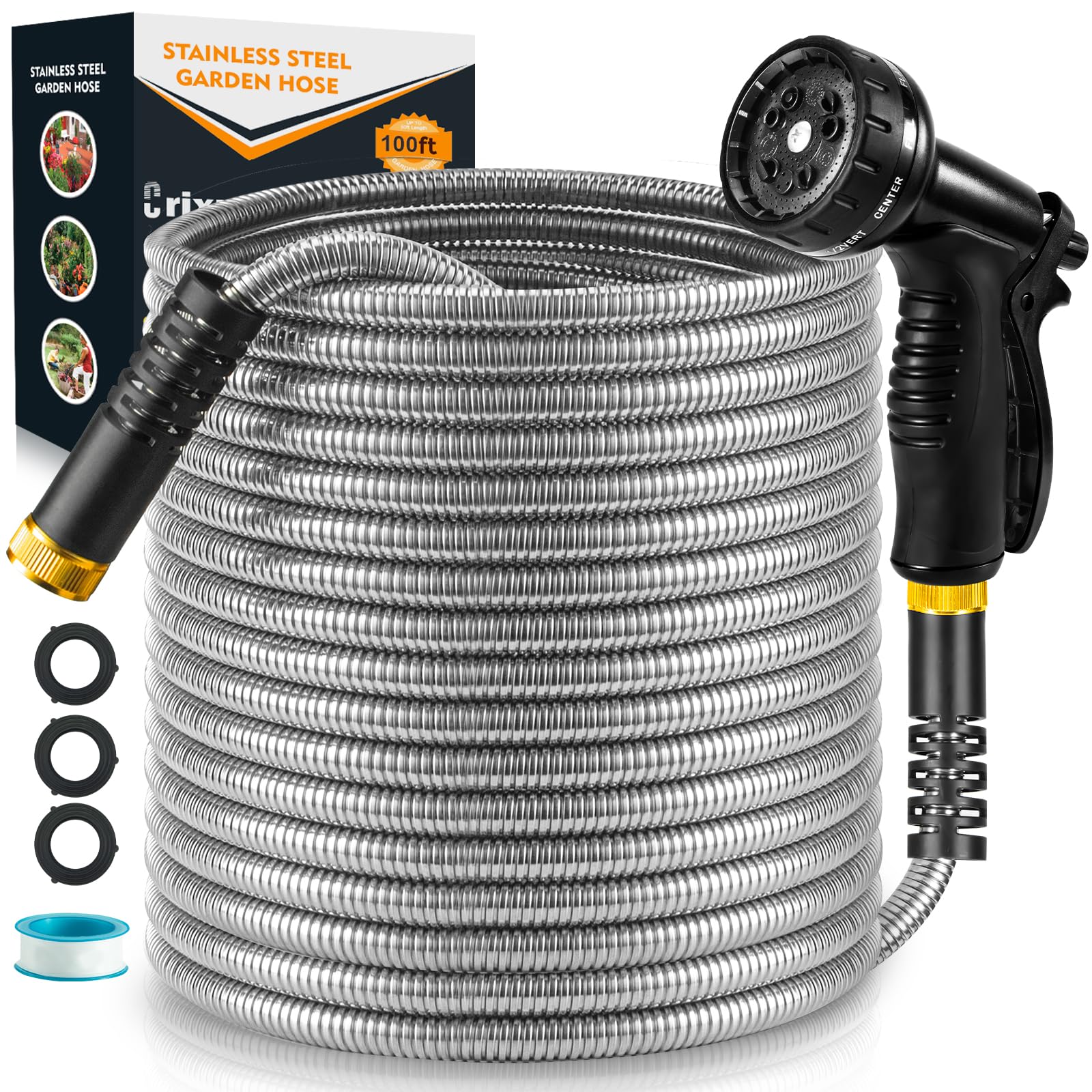 Crixny front packaging showing full 100ft metal hose and nozzle, durable performance