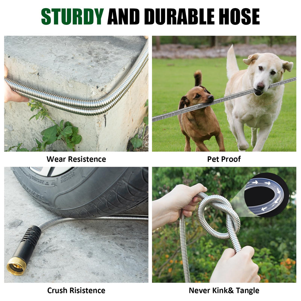 Crixny hose in use watering garden beds, flexible handling and even flow