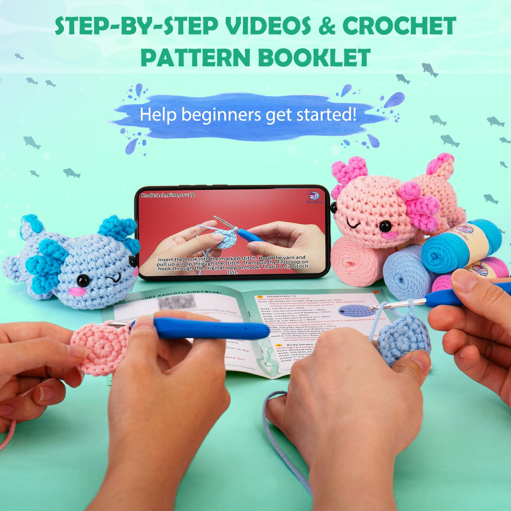 Crochetta tools and accessories laid out to show hooks, scissors, eyes, and markers usefulness