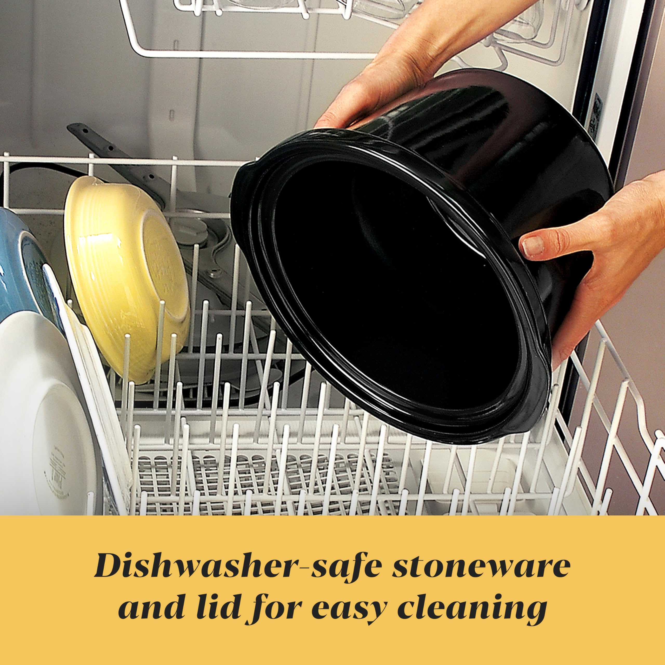 Crock-Pot crock and lid placed in dishwasher rack, Crock-Pot brand for easy dishwasher cleanup