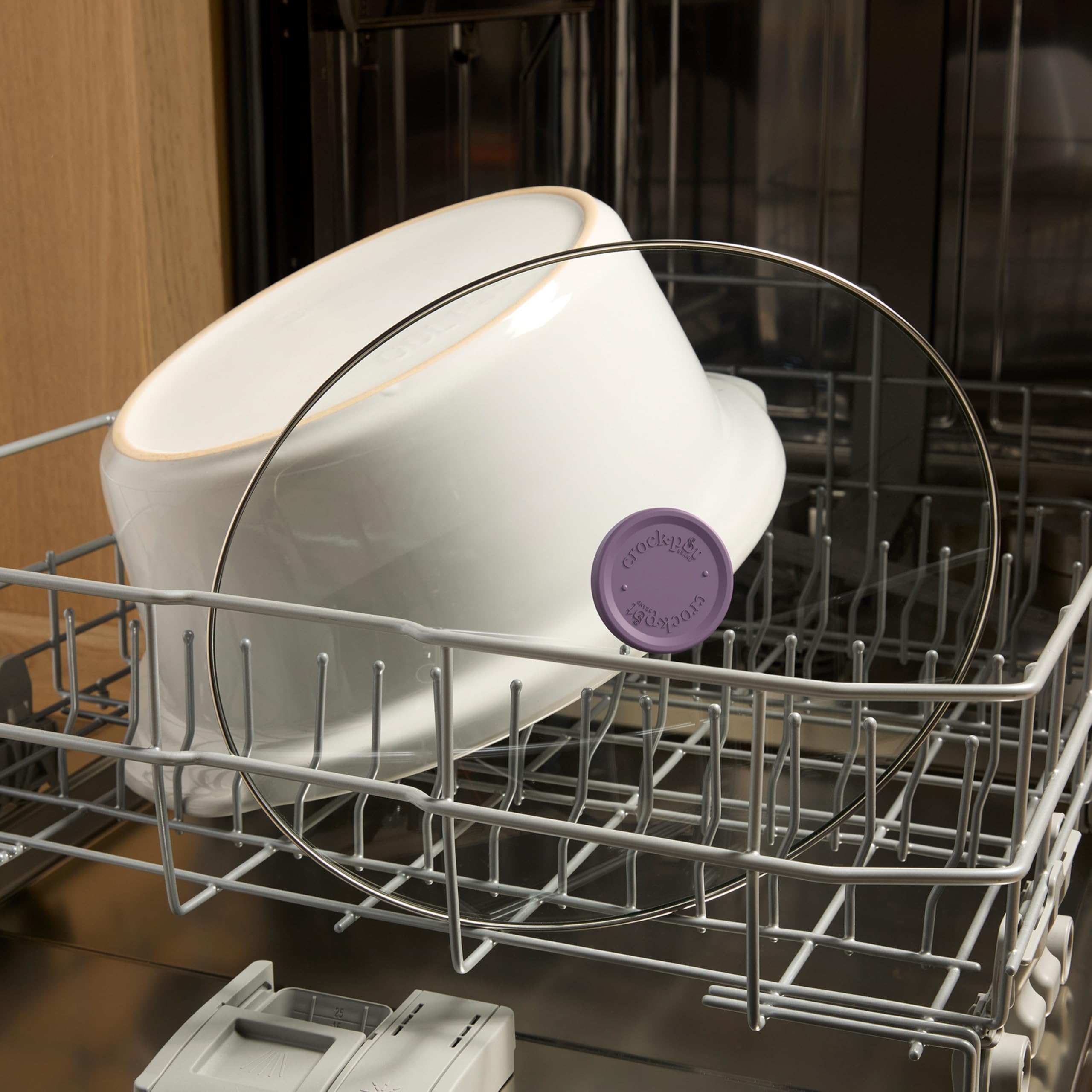 Crock-Pot removable bowl and lid in dishwasher showing quick, easy cleanup