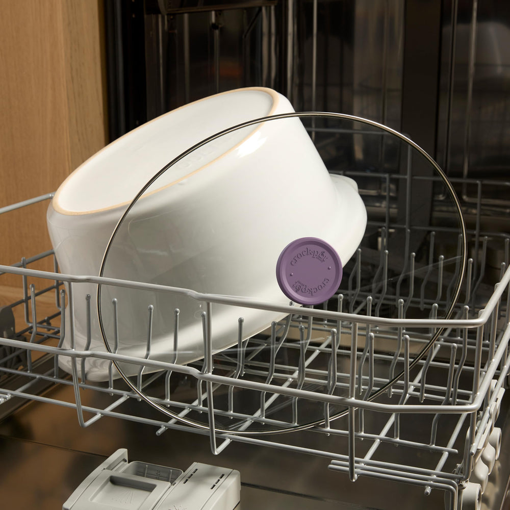Crock-Pot removable bowl and lid in dishwasher showing quick, easy cleanup