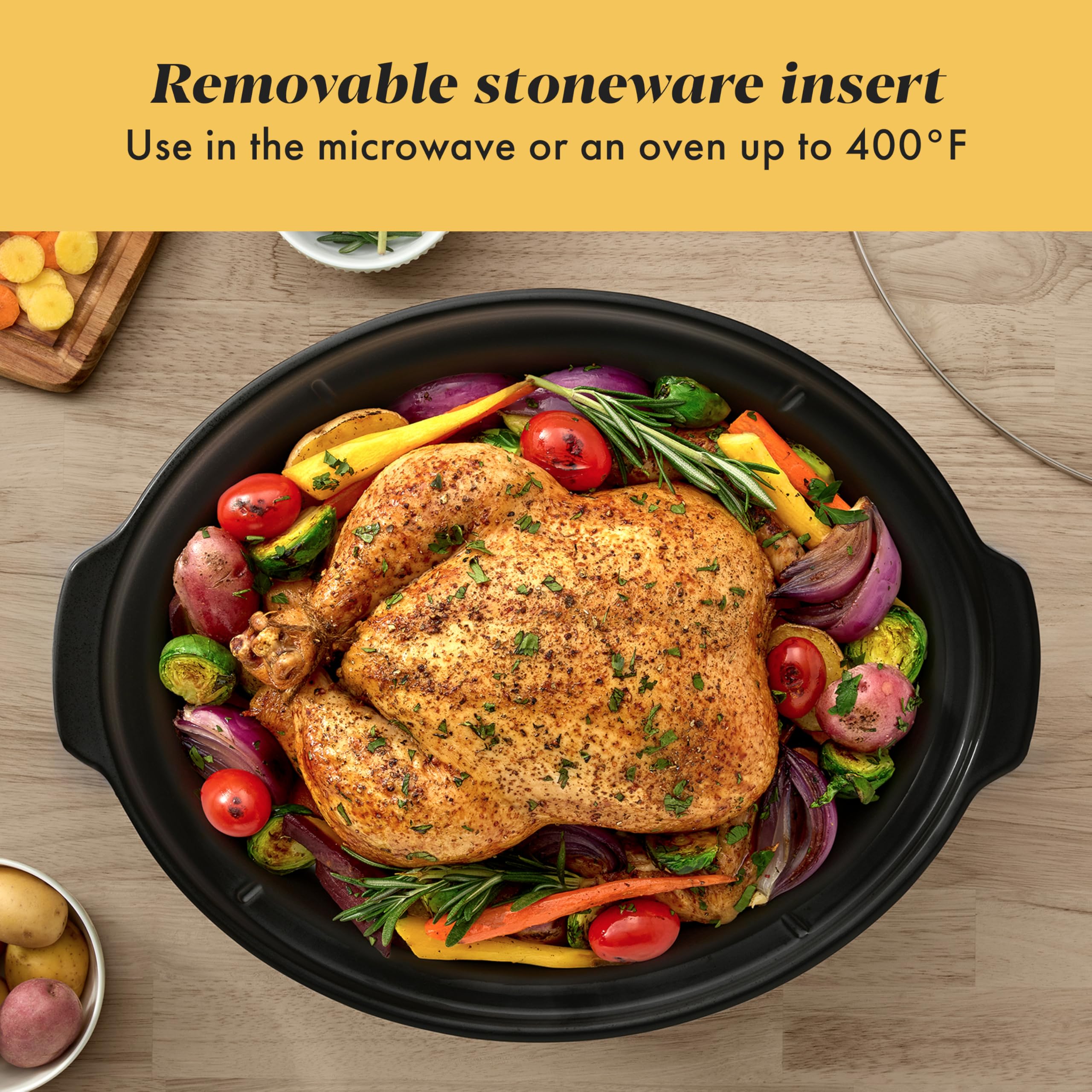 Crock-Pot label and materials closeup showing stainless steel construction and long-lasting benefit