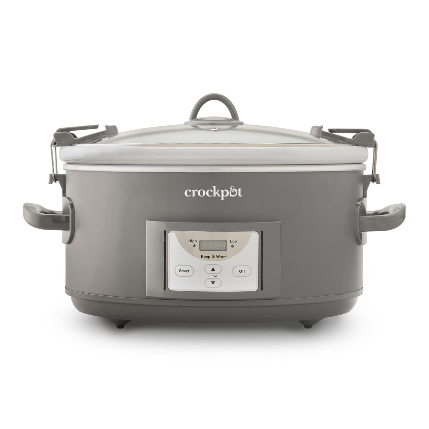 Crock-Pot front view of grey Cook & Carry slow cooker showing capacity and handles for easy transport