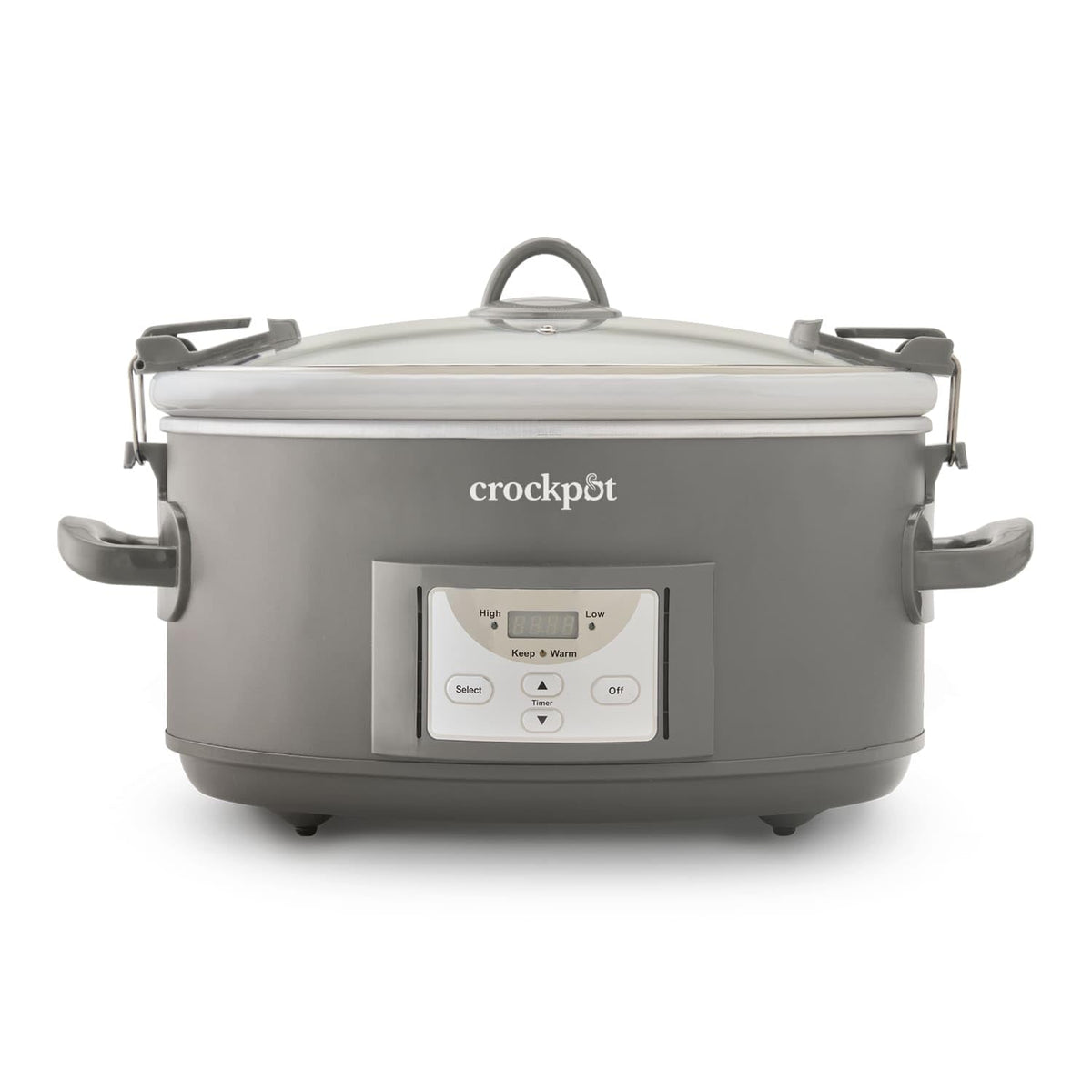 Crock-Pot front view of grey Cook & Carry slow cooker showing capacity and handles for easy transport