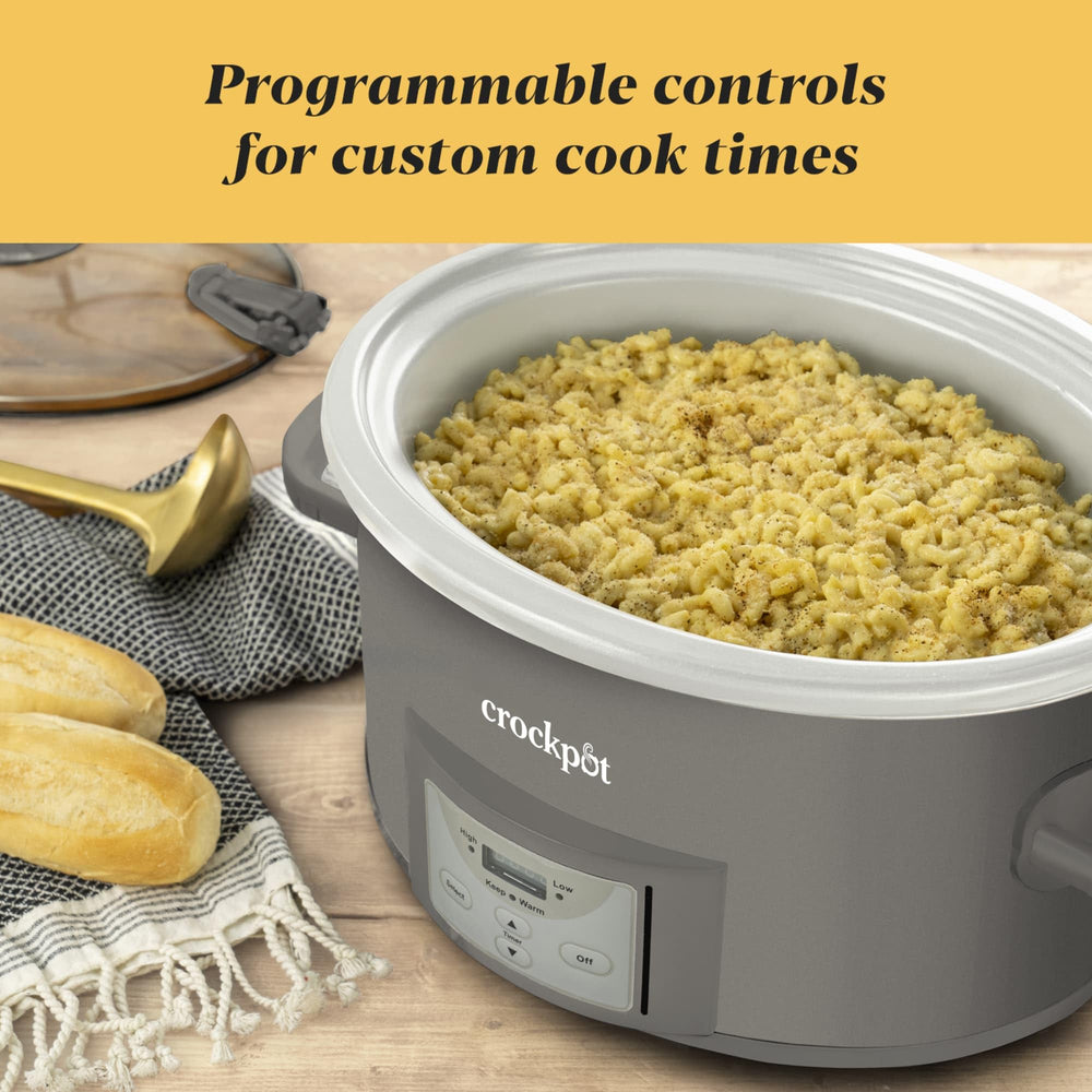 Crock-Pot slow cooker in use at a potluck serving stew to guests, illustrating crowd-friendly capacity