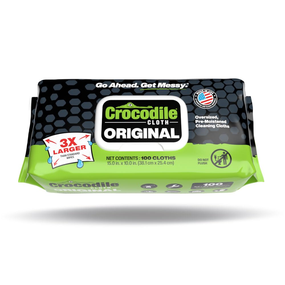 Crocodile Cloth front packaging showing 100-count tub and branding, convenient supply