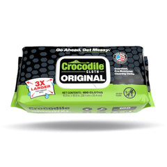 Crocodile Cloth front packaging showing 100-count tub and branding, convenient supply