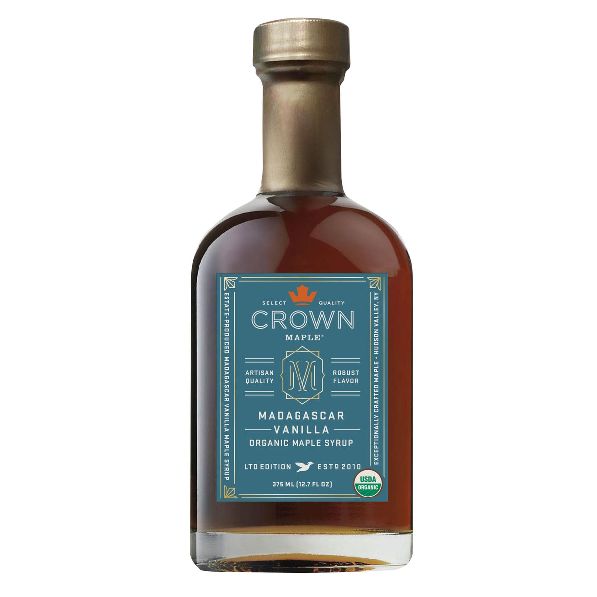 Crown Maple front bottle view showing label and premium vanilla maple syrup benefit: gourmet flavor