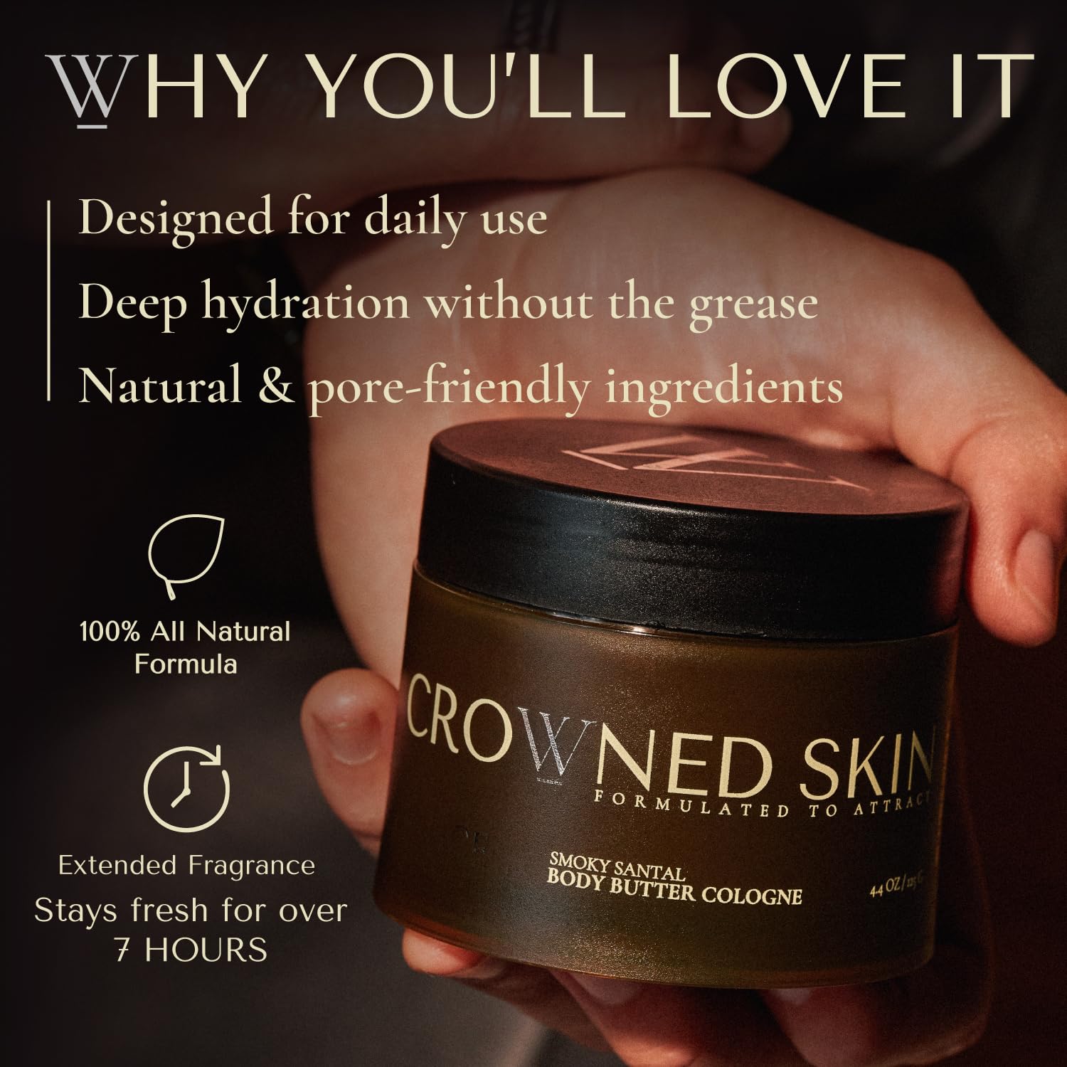 Crowned Skin label close-up showing fragrance notes for confident scent