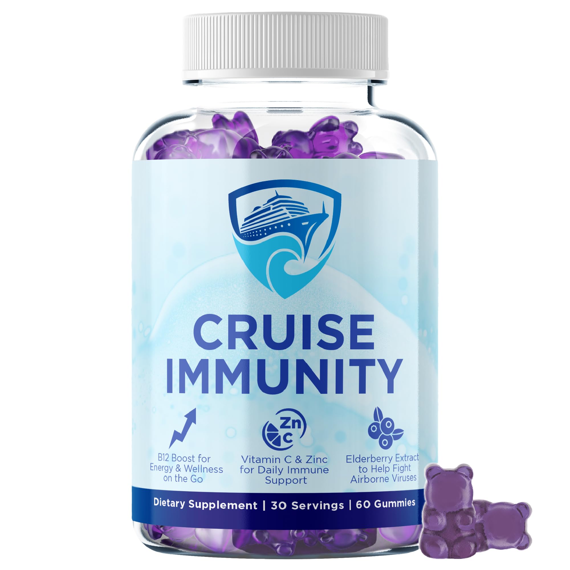 CRUISE IMMUNITY front packaging showing bottle and label with travel-focused benefits