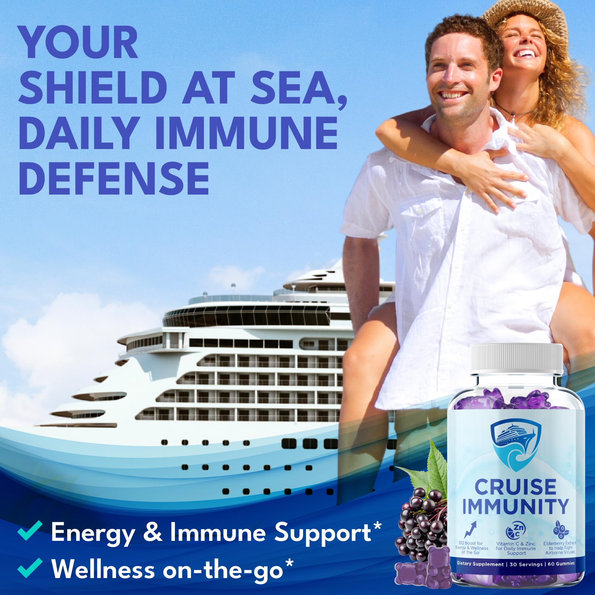 CRUISE IMMUNITY gummies in a travel kit next to passport and sunglasses for convenience