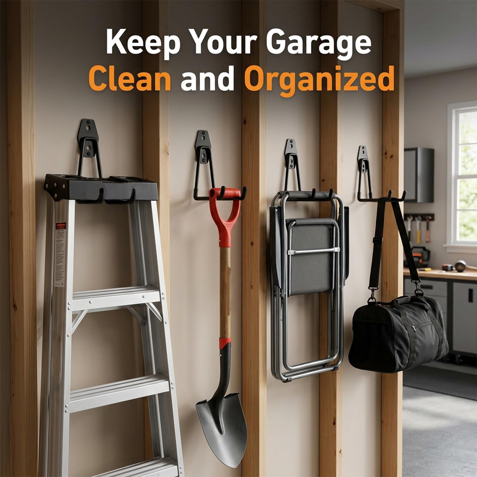 CRXCRC hook holding bicycle to illustrate heavy-duty capacity and organized garage benefit
