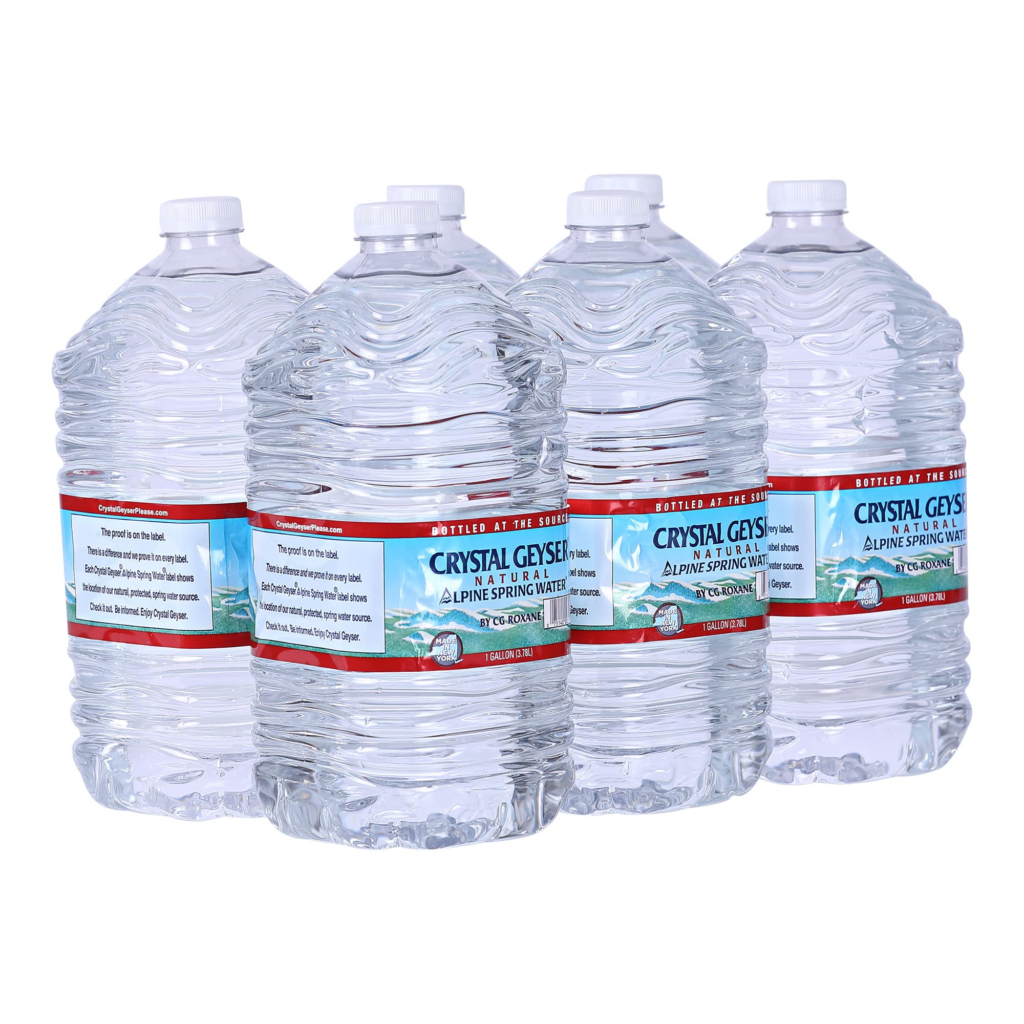 Crystal Geyser front pack showing six gallon jugs and branding for convenient storage