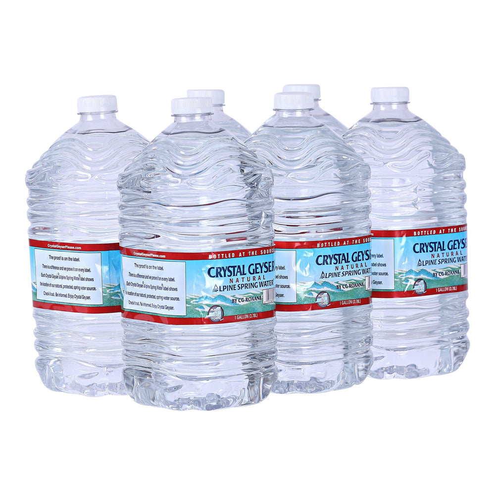 Crystal Geyser front pack showing six gallon jugs and branding for convenient storage