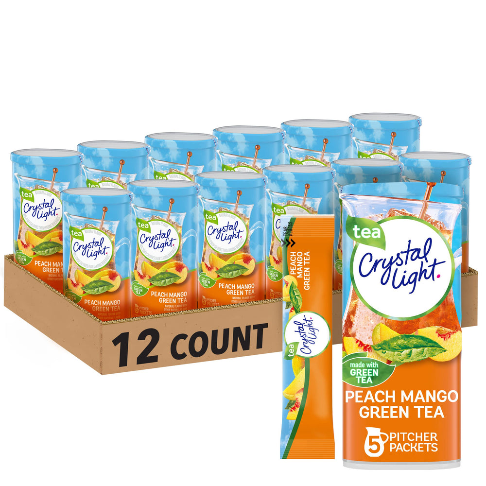 Crystal Light front packaging showing brand and peach mango green tea benefit convenience
