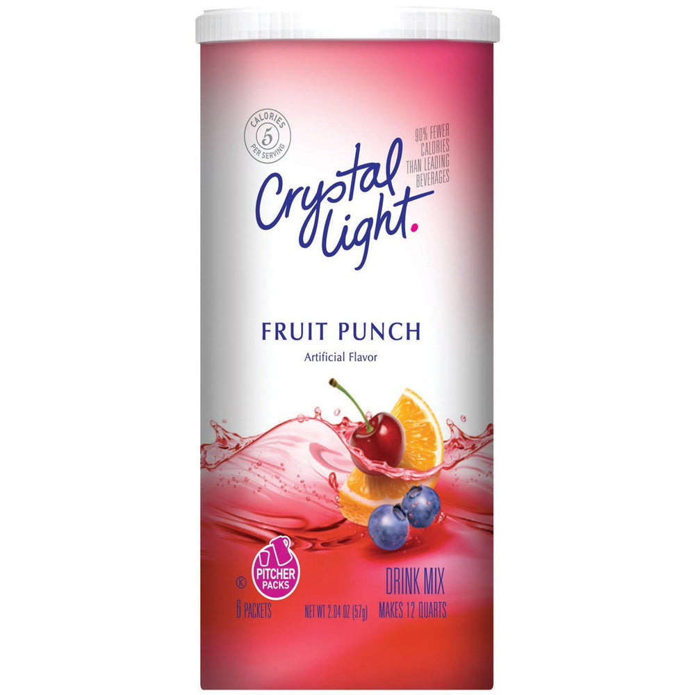 Glass pitcher of Crystal Light fruit punch in use for easy family refreshment
