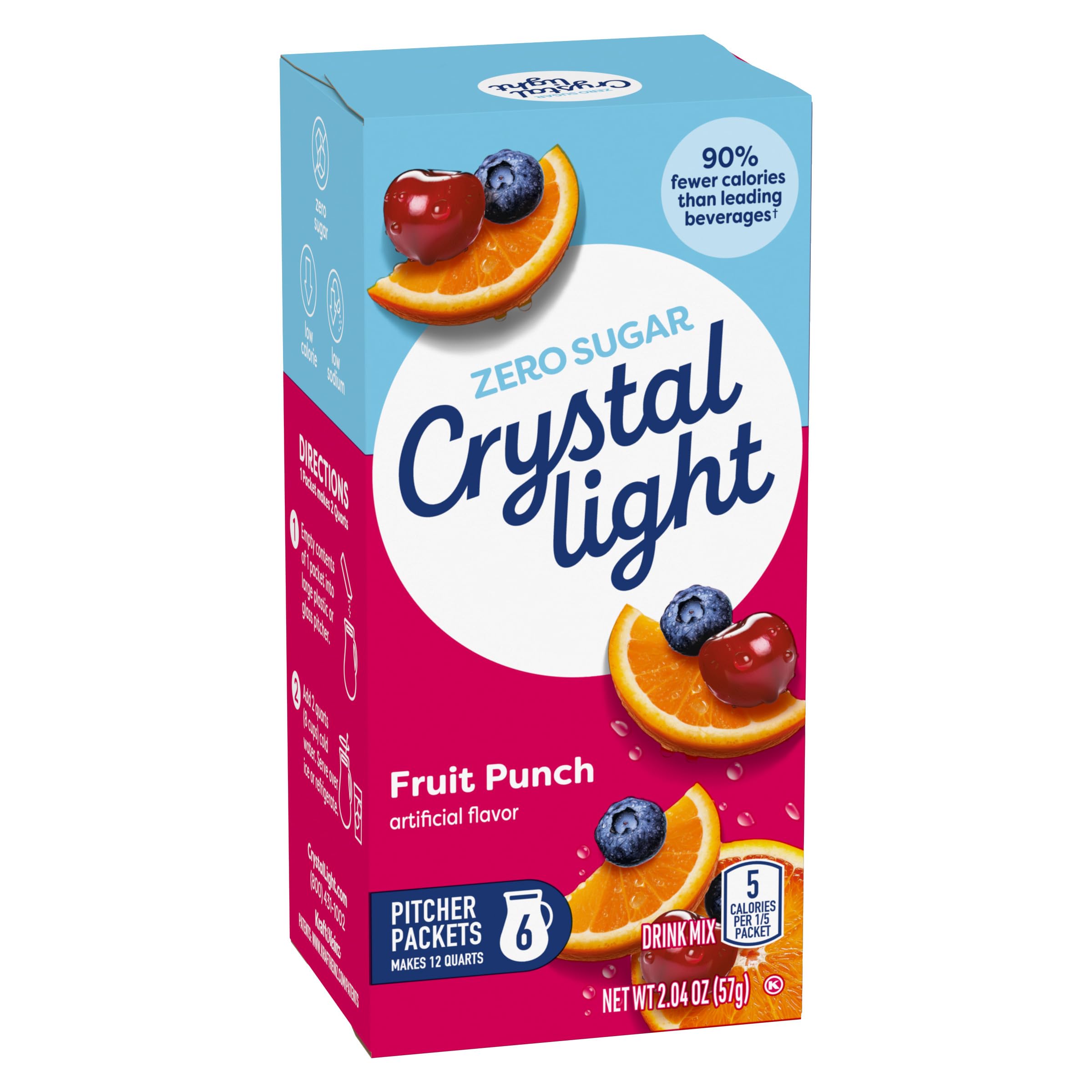 Packets beside a measuring cup to show Crystal Light portion size and yield