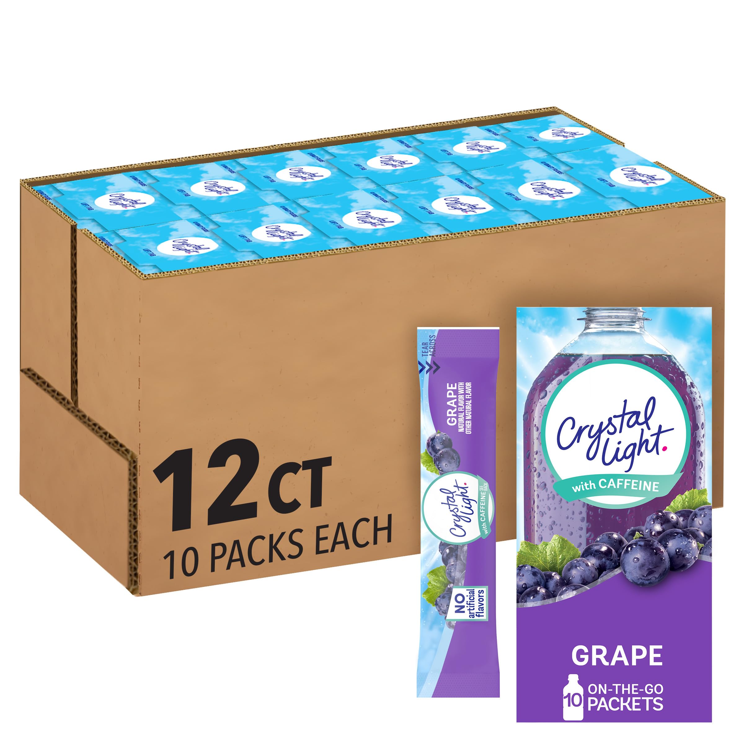 Crystal Light front packaging showing grape flavor and caffeine boost benefit