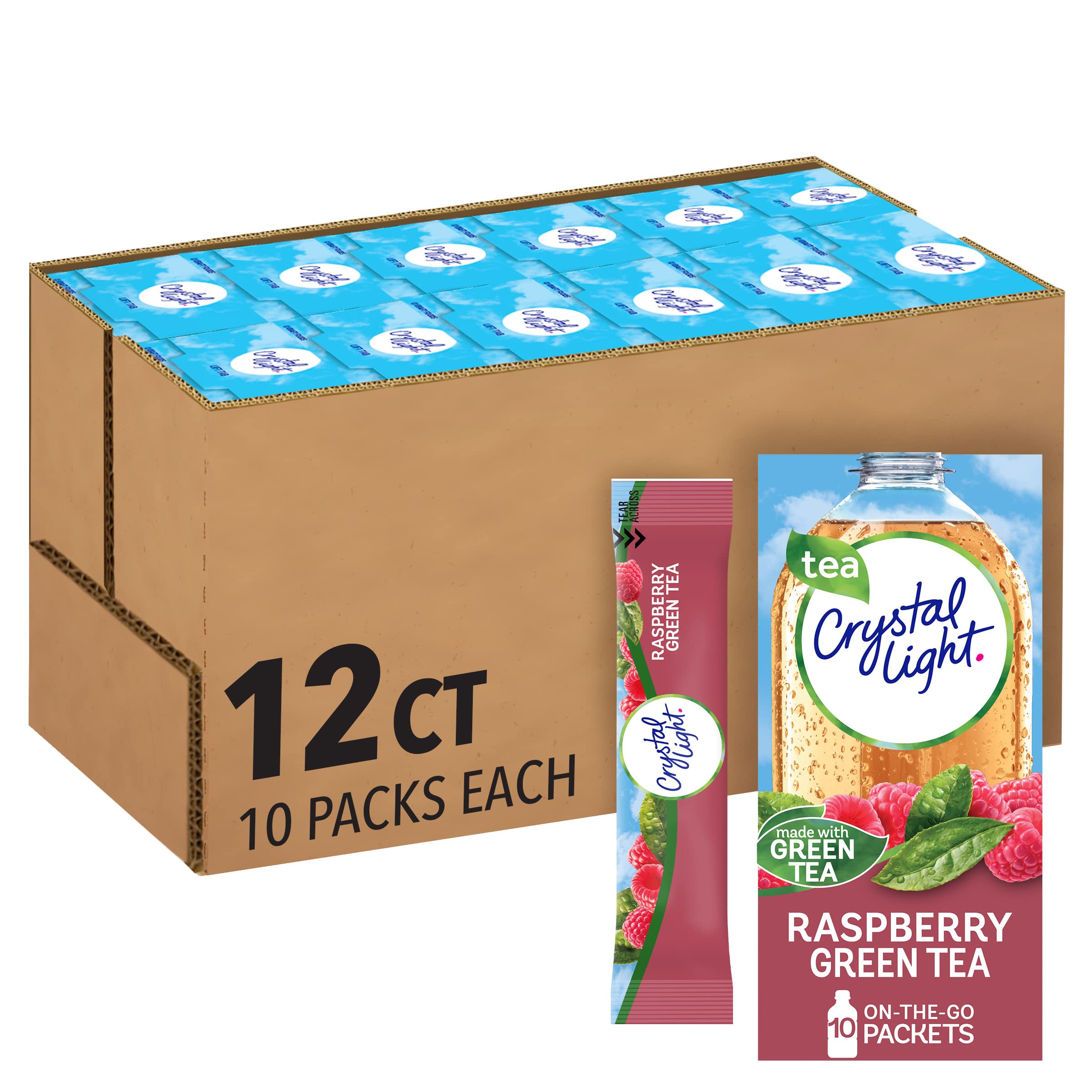 Crystal Light front packaging showing raspberry green tea and packet count benefit