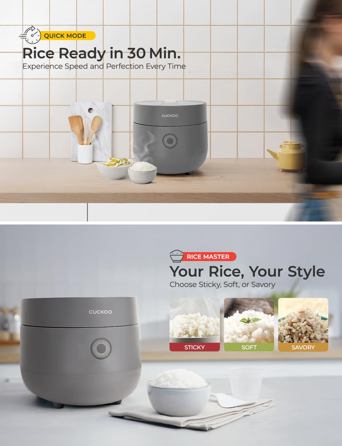 CUCKOO cooker open with cooked brown rice showing even texture and fluffy grains