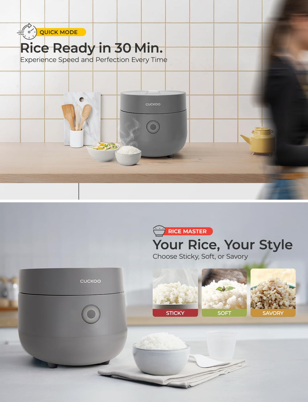 CUCKOO cooker open with cooked brown rice showing even texture and fluffy grains