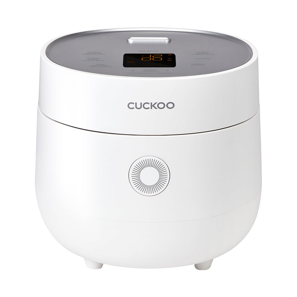 CUCKOO rice cooker front view showing compact white design and controls for easy placement