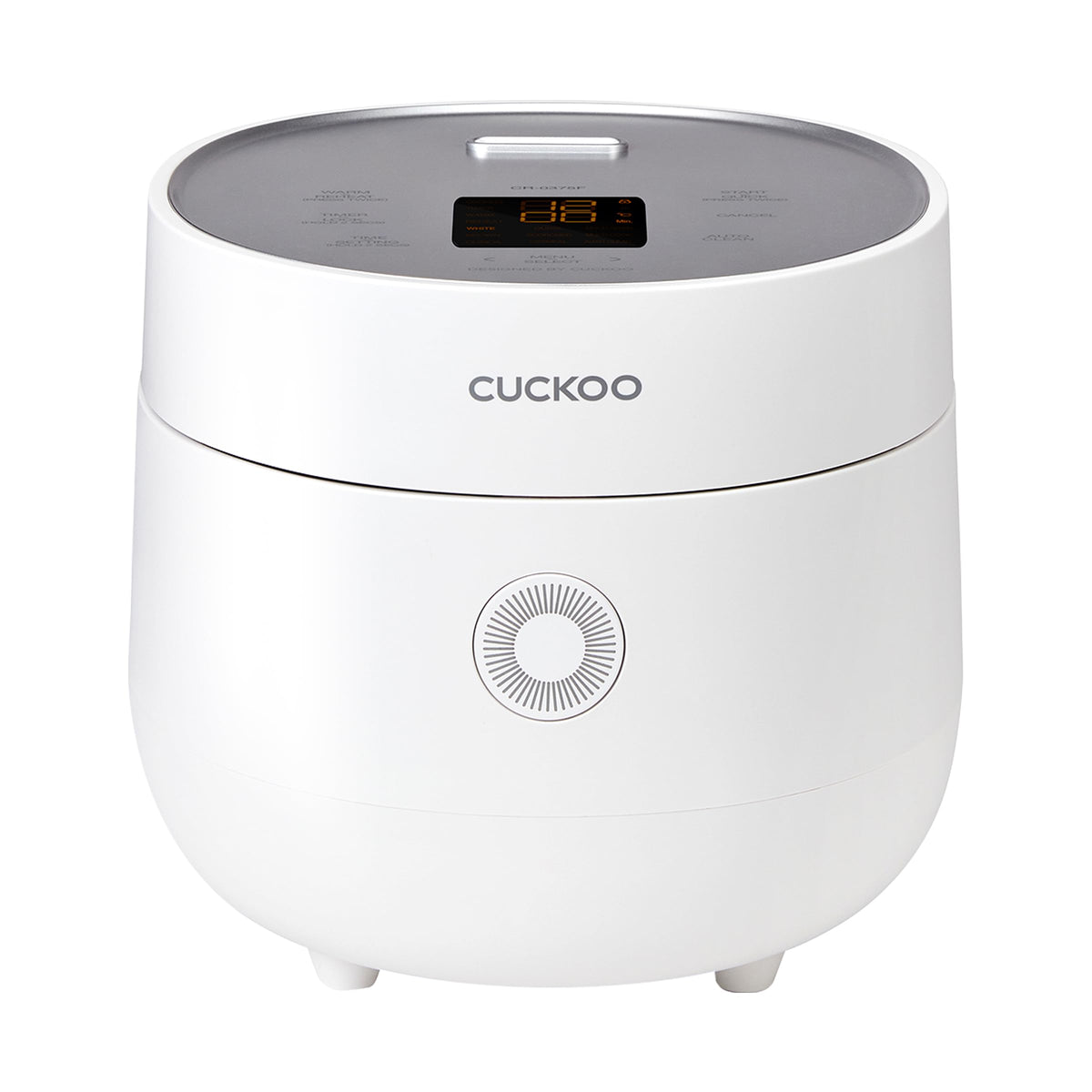 CUCKOO rice cooker front view showing compact white design and controls for easy placement