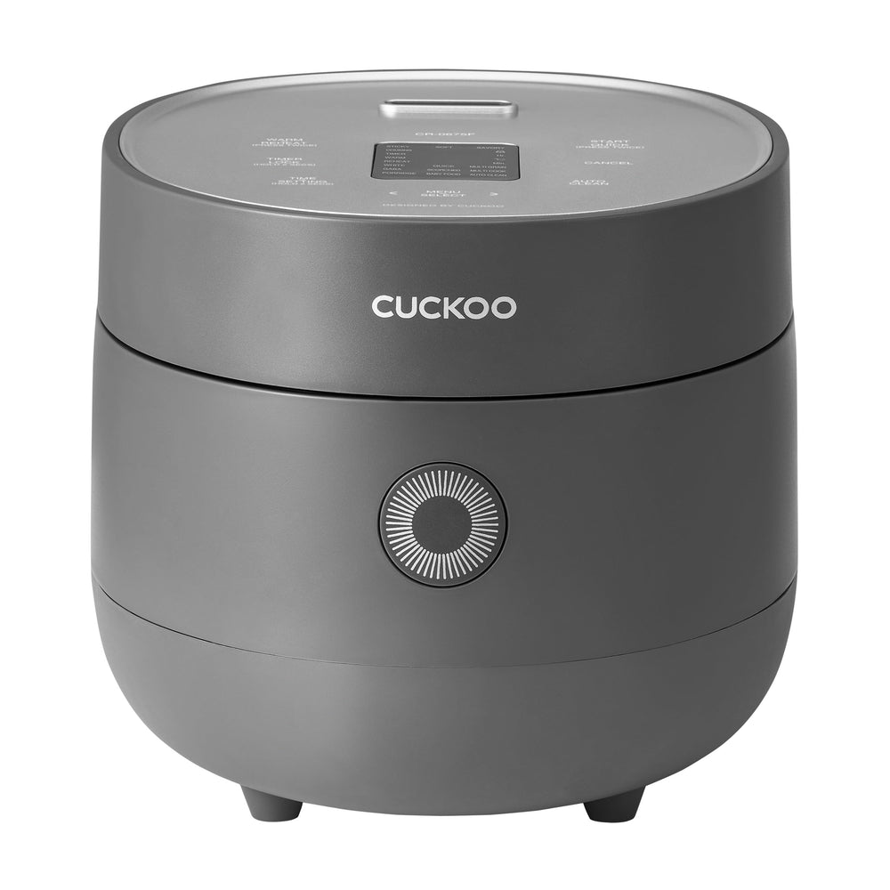 CUCKOO front view of gray CR-0675FG rice cooker showing compact design and capacity