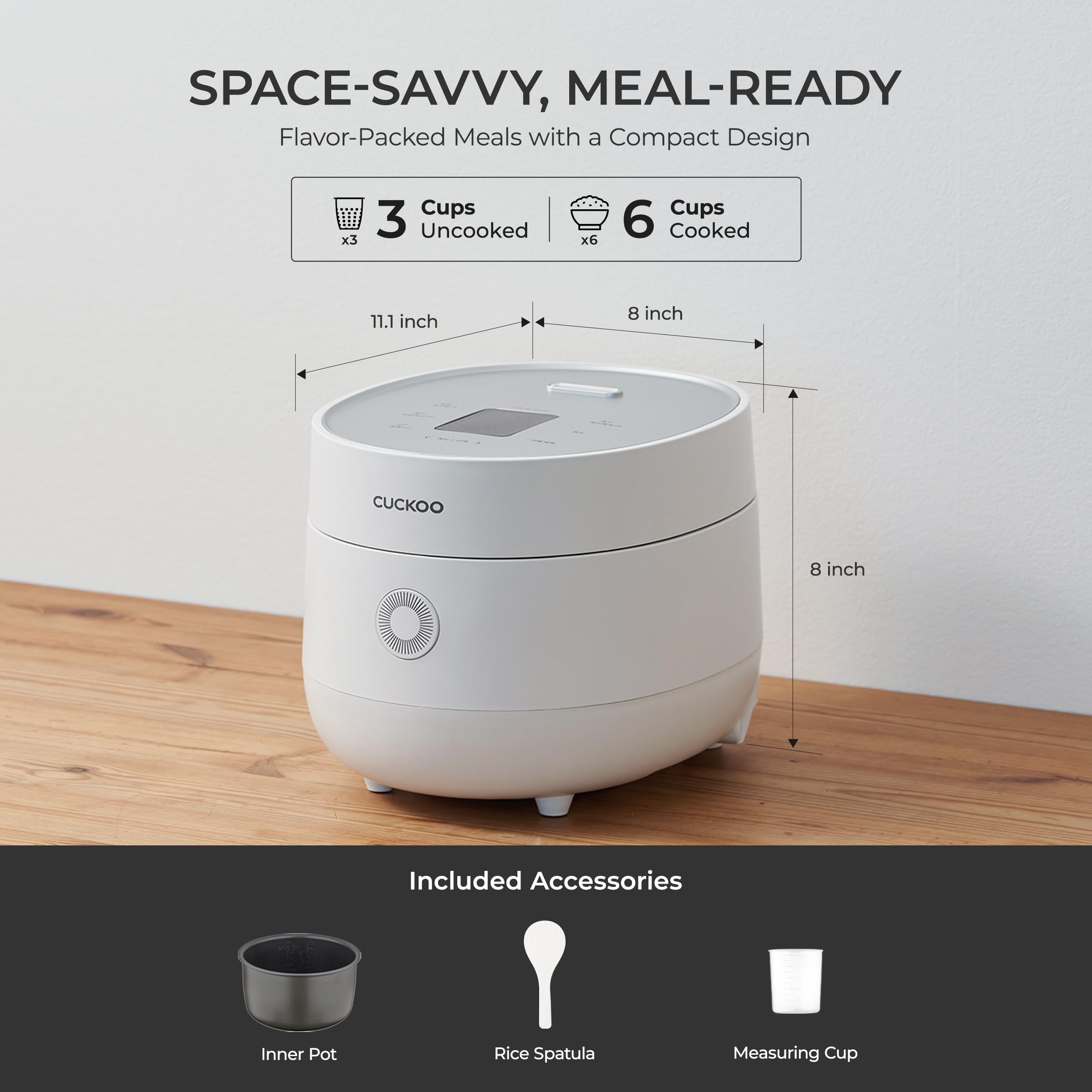CUCKOO measuring cup and spatula included for precise portions and convenient serving