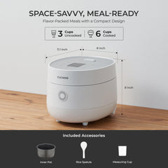 CUCKOO measuring cup and spatula included for precise portions and convenient serving