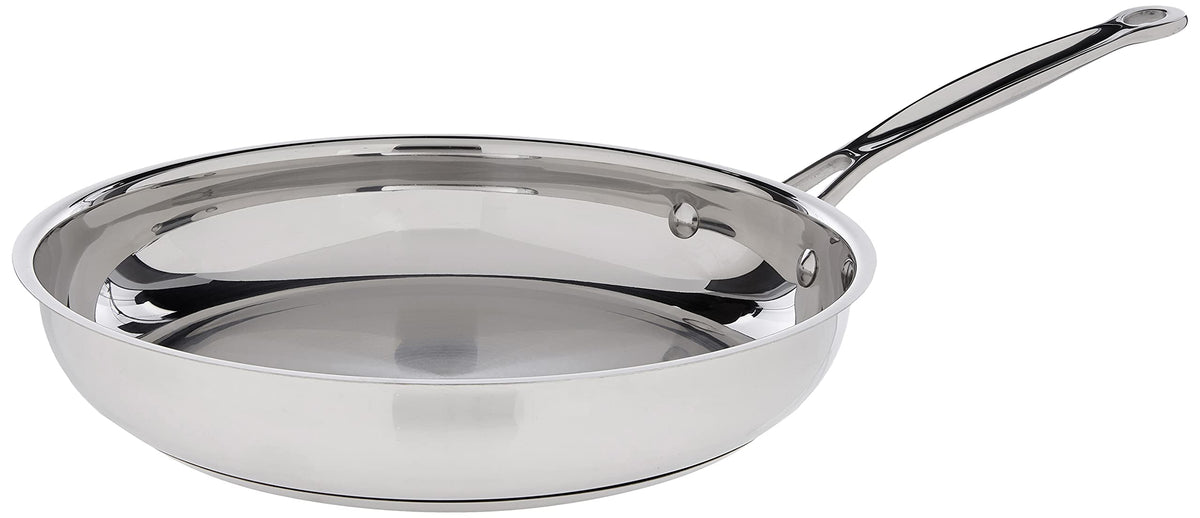Cuisinart 10-inch skillet front view showing polished stainless and roomy cooking surface for even browning