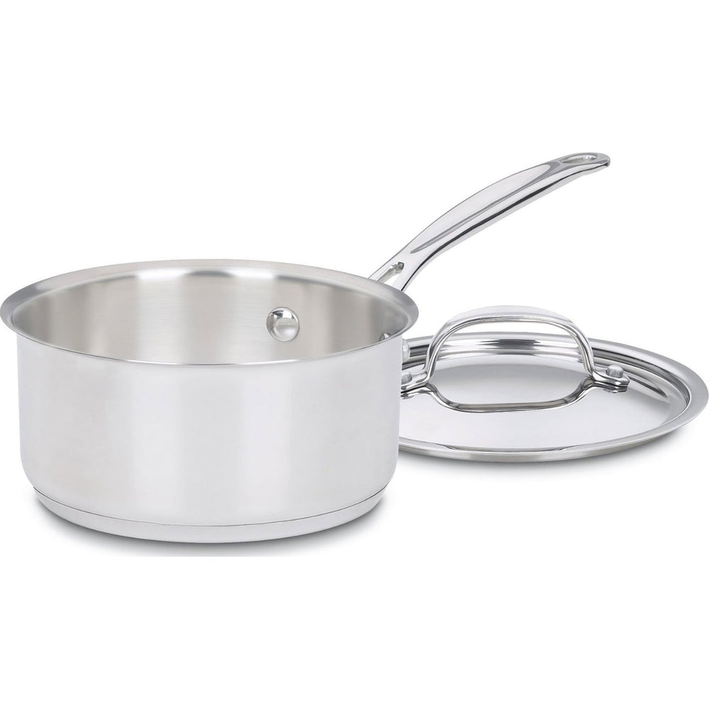 Cuisinart 1 Quart Saucepan front view showing mirror finish and handle, clear durable design