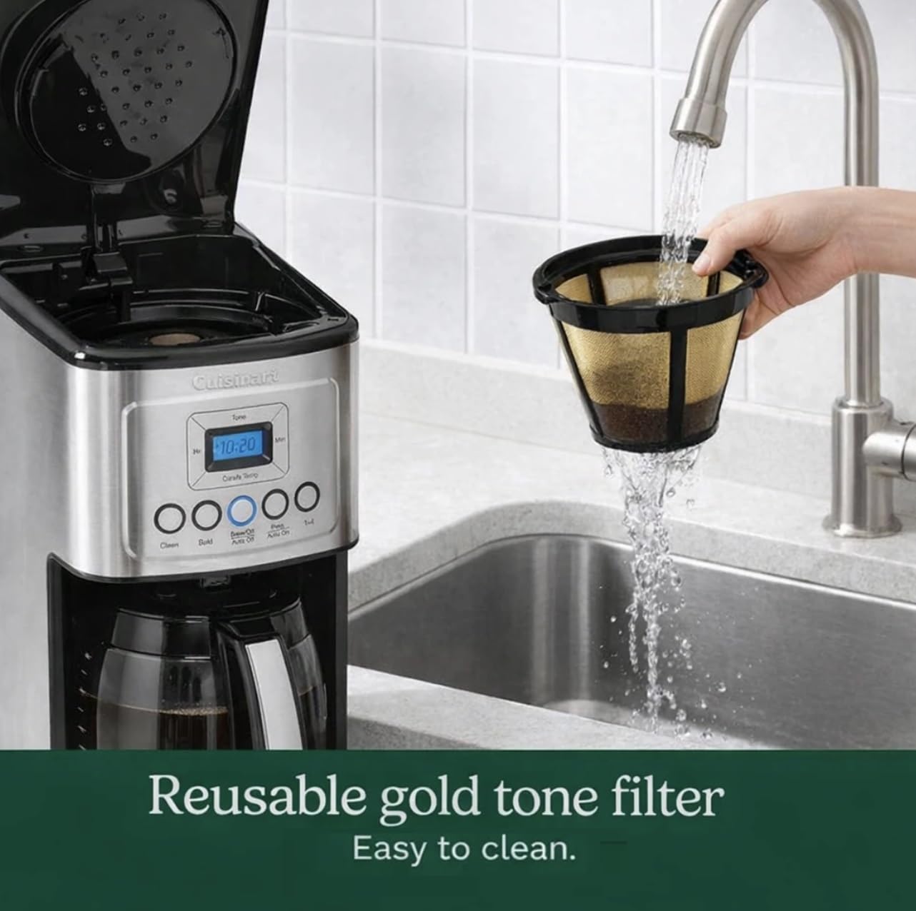 Cuisinart Brew Pause pouring a cup mid-brew for quick service and minimal drip