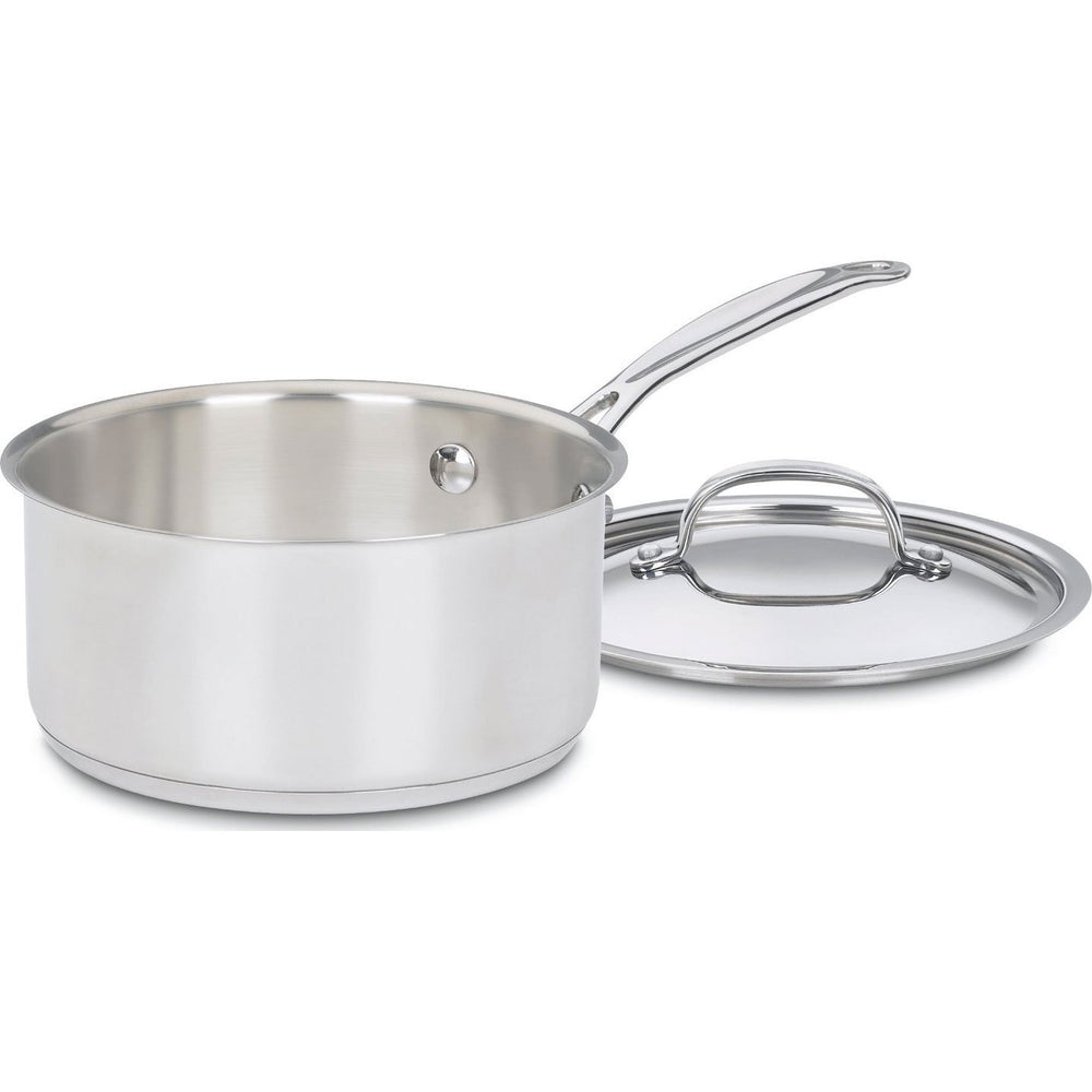 Cuisinart 2‑quart saucepan front view with cover, showing clean mirror finish and pouring rim benefit