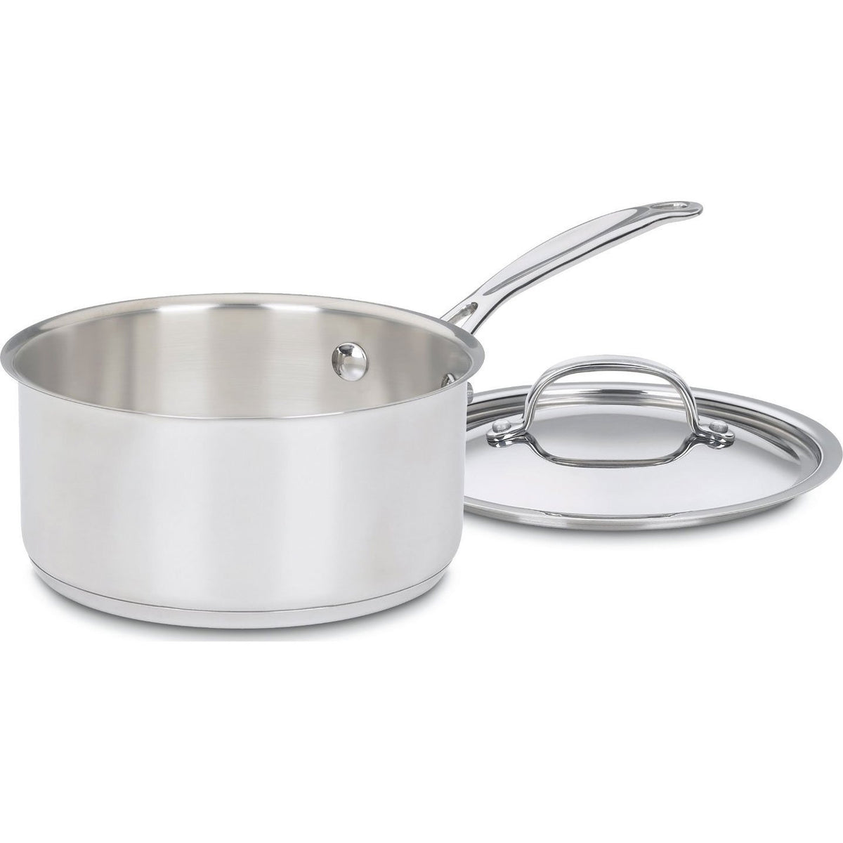 Cuisinart 2‑quart saucepan front view with cover, showing clean mirror finish and pouring rim benefit