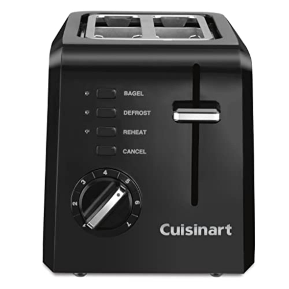 Cuisinart compact toaster front view showing sleek black finish and two-slot capacity benefit