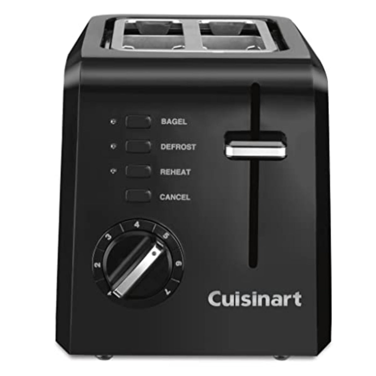 Cuisinart compact toaster front view showing sleek black finish and two-slot capacity benefit
