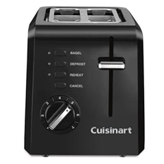 Cuisinart compact toaster front view showing sleek black finish and two-slot capacity benefit