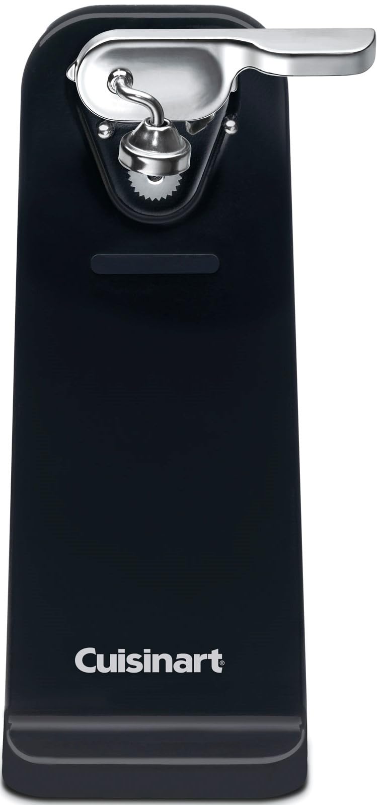 Cuisinart front view of black can opener showing compact design and one-touch button benefit