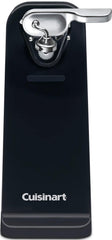 Cuisinart front view of black can opener showing compact design and one-touch button benefit