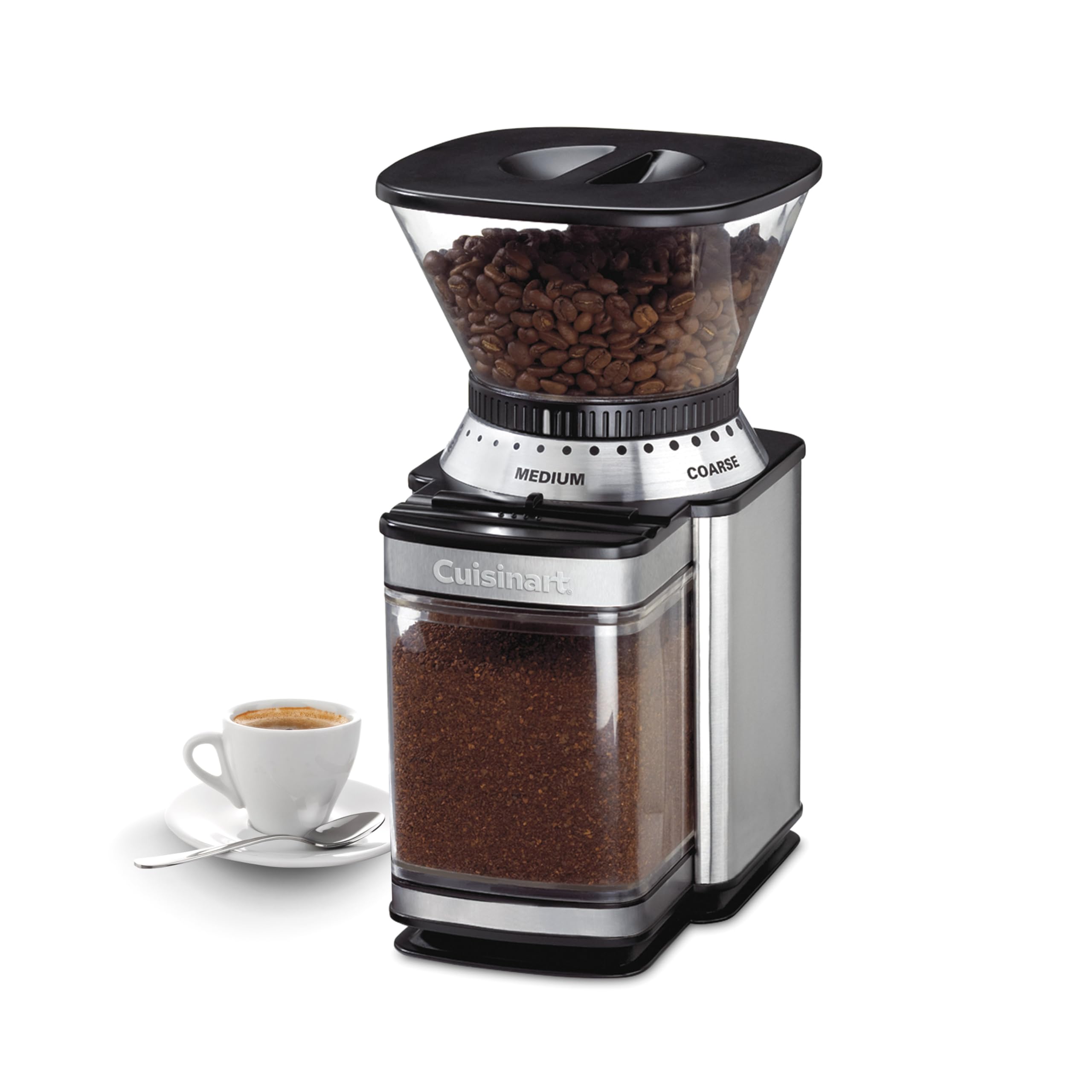Cuisinart front view showing grinder and clean countertop benefit