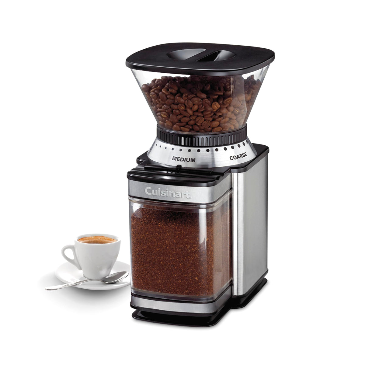 Cuisinart front view showing grinder and clean countertop benefit