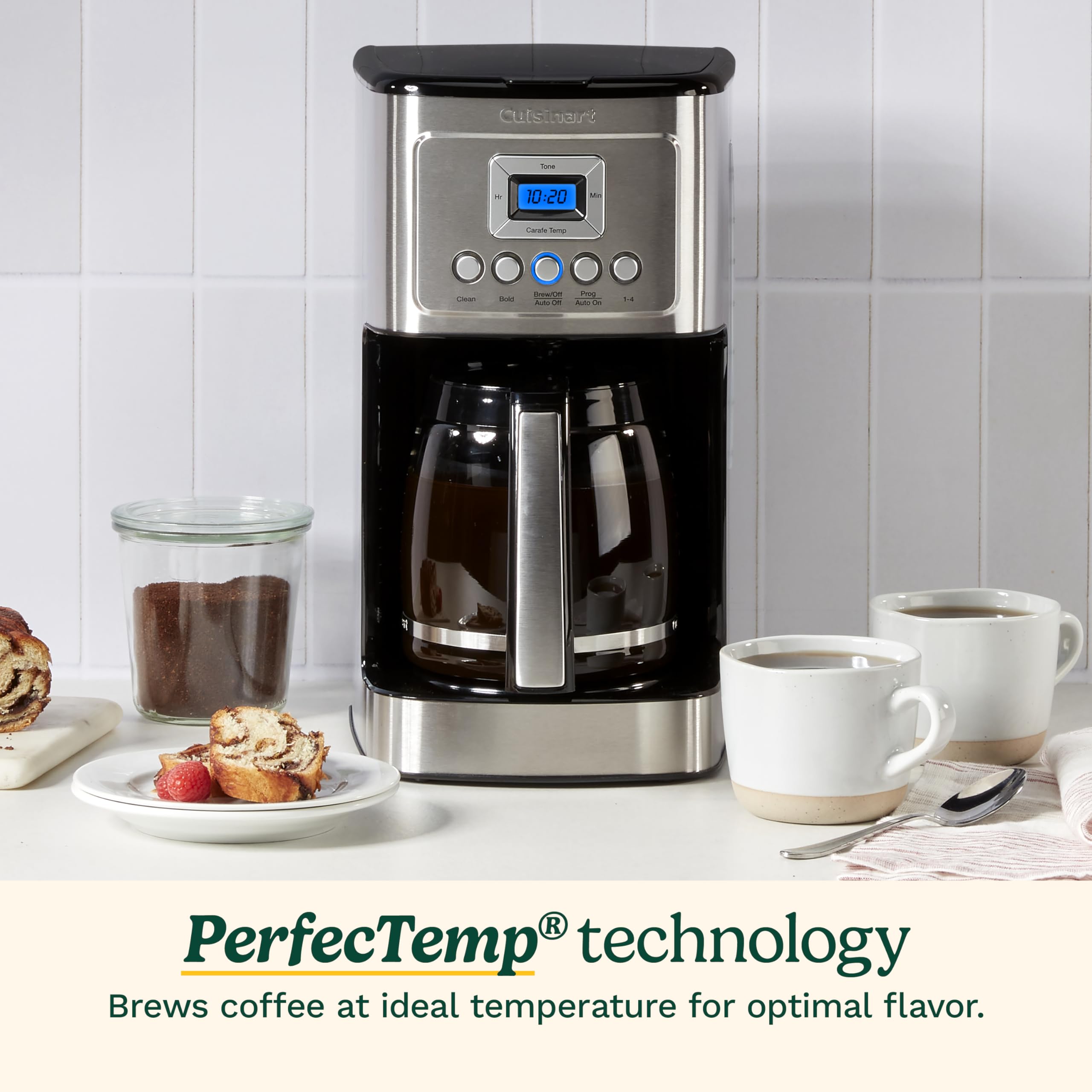 Cuisinart glass carafe on warming plate showing adjustable temperature settings for kept-hot coffee