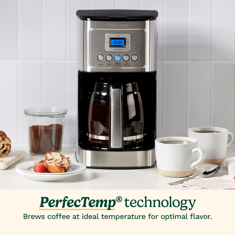 Cuisinart glass carafe on warming plate showing adjustable temperature settings for kept-hot coffee