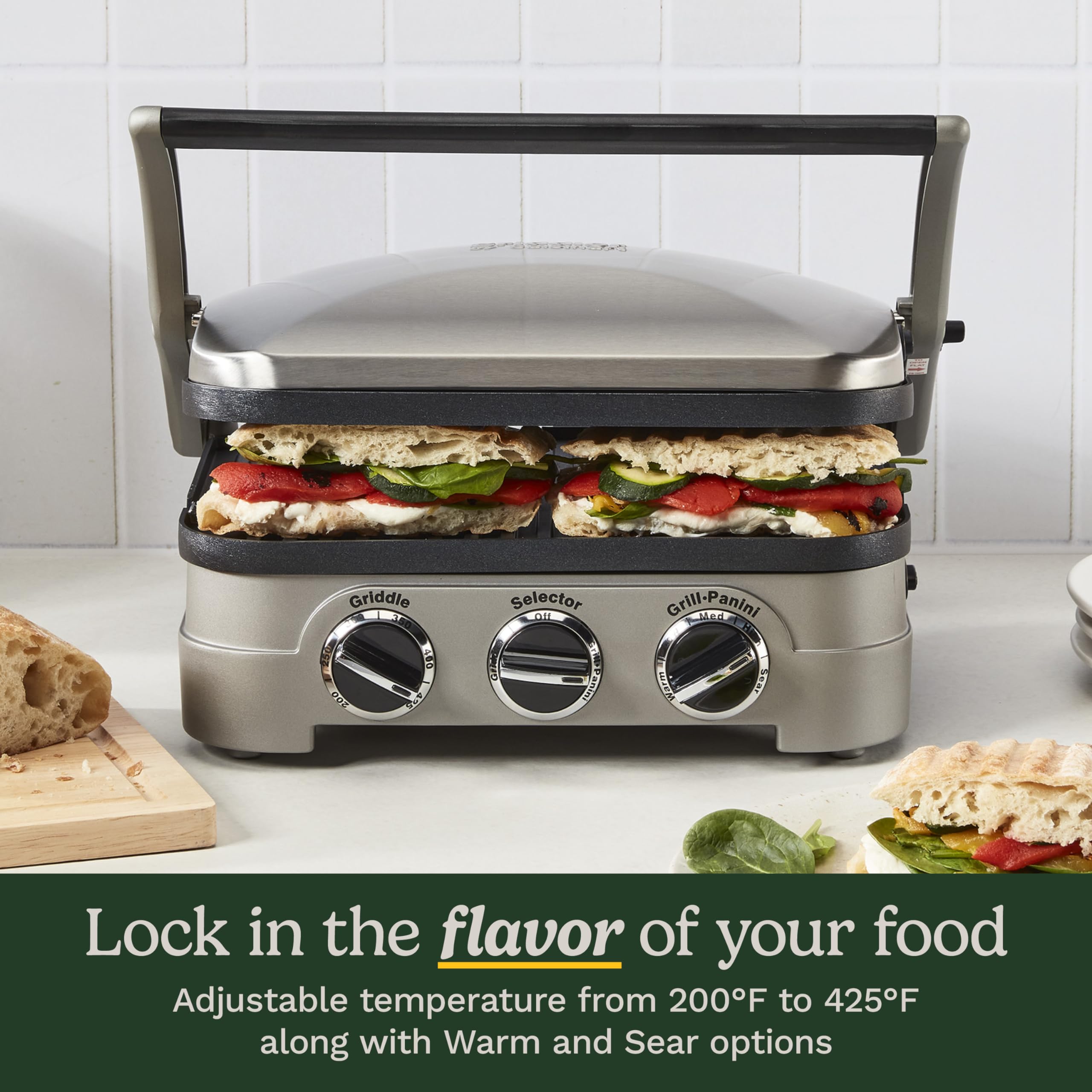 Cuisinart Griddler pressing a panini producing crisp crust and melted filling