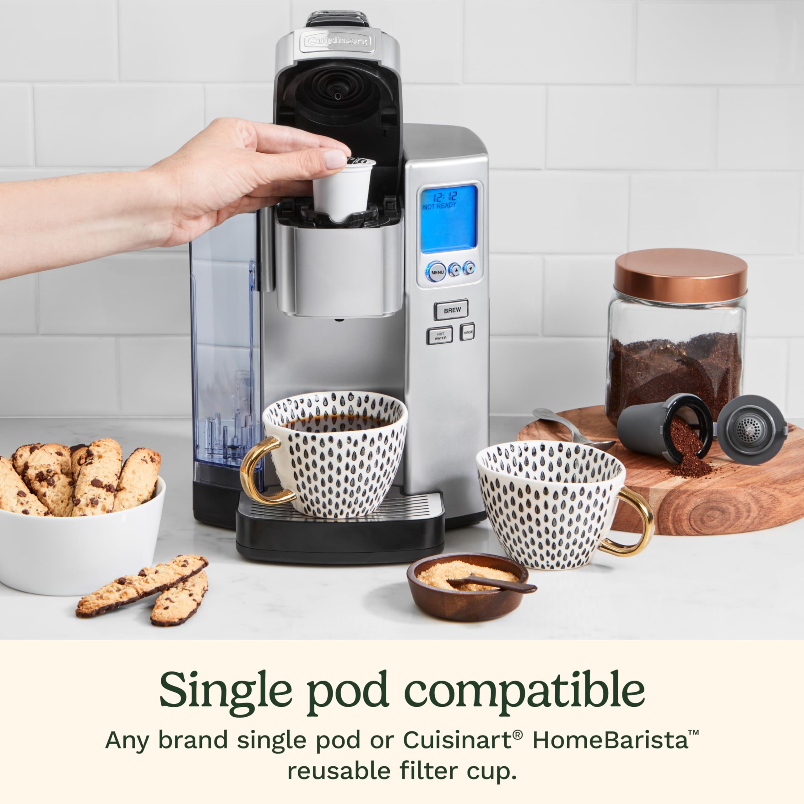 Cuisinart HomeBarista reusable filter cup close-up, allowing grounds use and reduced waste